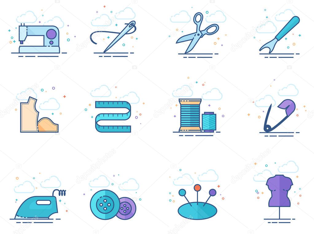 Sewing icons in flat colors style. Vector illustration.