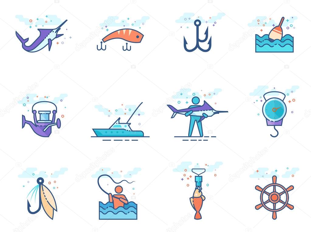 Fishing icons in flat color style. Vector illustration.