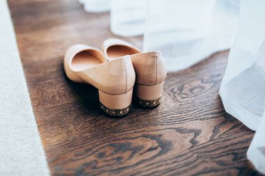 Şeftali parlak Bayan Ayakkabı ahşap zemin ve tül