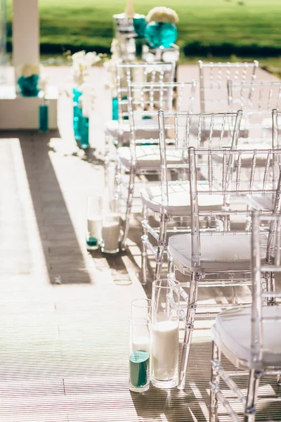 Look from behind at transperen plastic chairs. Before ceremony. — Stock Photo, Image