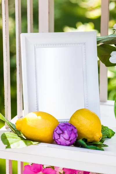 White photo frame on the table for wedding decoration — Stock Photo, Image
