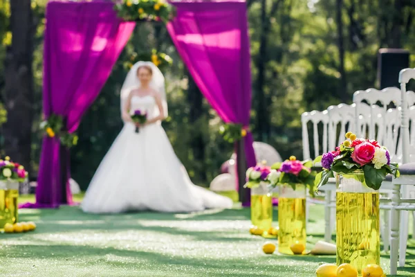 Bruid permanent in bruiloft archway met stoelen op aan elke kant — Stockfoto