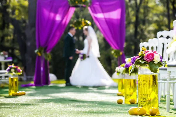 Novia y novio de pie en el arco de la boda con sillas en cada lado —  Fotos de Stock