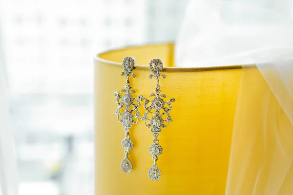 Menyasszonyi fátyol és hosszú ezüst fülbevaló, gyémánt — Stock Fotó
