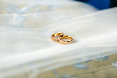 Altın alyans beyaz gelin peçe arka plan üzerinde bir elmas.