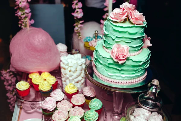 Двухуровневый мятный свадебный торт со сливочными розами, макаронами и зефиром. Candy Bar в пинки цвета. Сладкий праздничный стол с десертами . — стоковое фото