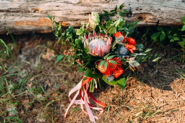 Um buquê de casamento rústico com fitas rosa perto do tronco — Fotografia de Stock