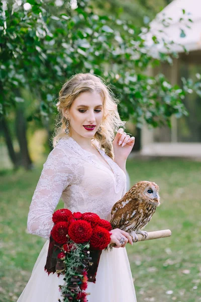 フクロウは、女の子の手に座っています。フクロウと花嫁. — ストック写真