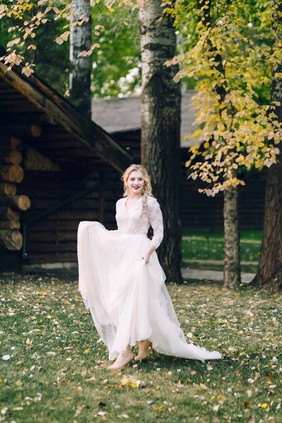 La novia feliz está posando con un vestido revoloteando sobre la naturaleza. Obra de arte — Foto de Stock