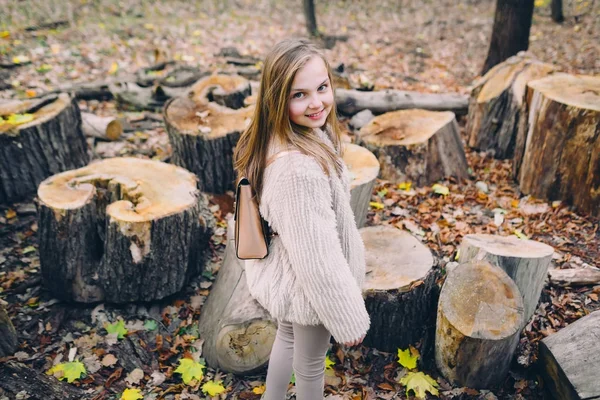 Niña sonriente parada junto a tocones de madera en el bosque en el día de otoño . — Foto de Stock