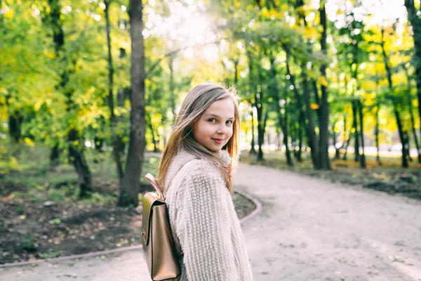 笑みを浮かべて小さな女の子スタンドは秋晴れで森を歩いています。. — ストック写真