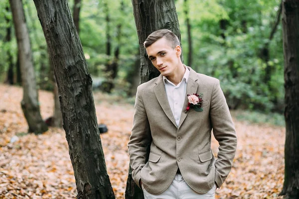 Jovem bonitão, ao pé da árvore. Casamento de outono. Foco suave — Fotografia de Stock