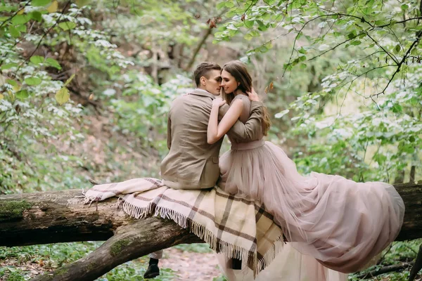 Romantic couple is gently hugs on the log. Autumn wedding — Stock Photo, Image