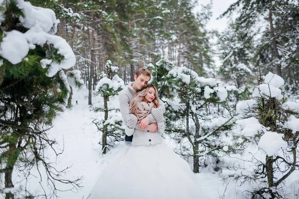 情侣在爱米色针织套头衫拥抱在白雪皑皑的森林。冬季婚礼。艺术品 — 图库照片