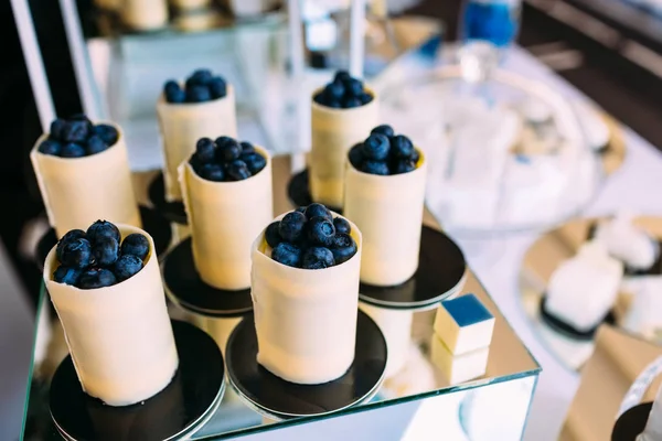 Postre de chokolate blanco y arándanos. Dulce buffet de vacaciones . —  Fotos de Stock