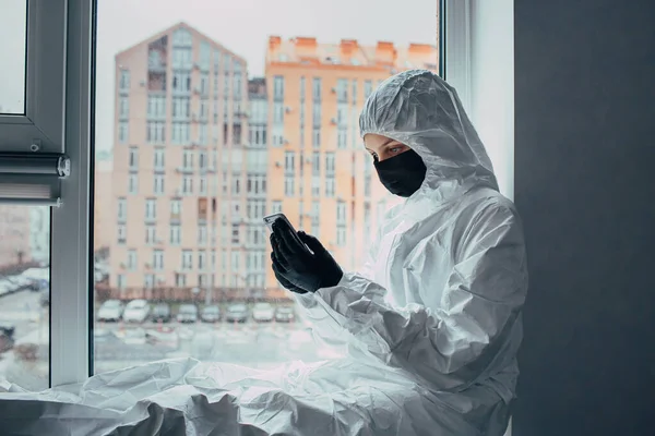 Girl Sitting Window Sill Black Mask Medical Gloves Viral Protection — Stock Photo, Image