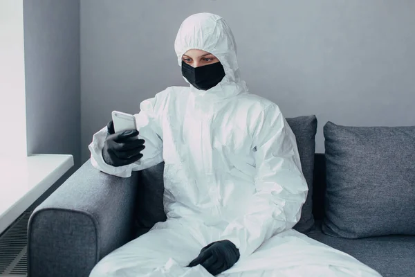 Isolated Girl Viral Protective Suit Medical Mask Black Gloves Looking Stock Image