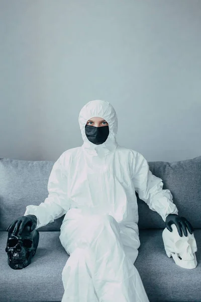 Virologist Viral Protective Suit Medical Mask Laid Hands Gloves Black — Stock Photo, Image