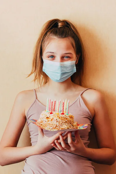 Caucasian Teenager Girl Mask Holds Birthday Cake Her Hands Smiling — Stock Photo, Image