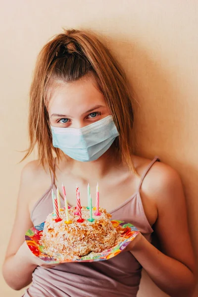 Cheerful Teenage Caucasian Girl Face Mask Tail Holding Cake Her — Stock Photo, Image