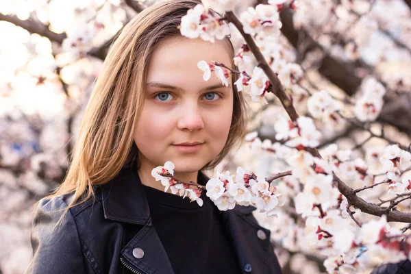 Portrait Hipster Girl Standing Spring Blossom Flowers Garden Look Camera Stock Photo