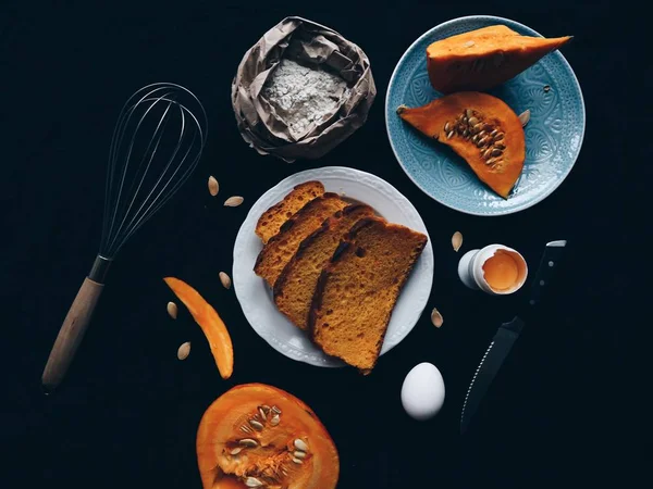 Delicious Homemade Gluten Free Pumpkin Bread Slices Black Background Ready — Stock Photo, Image