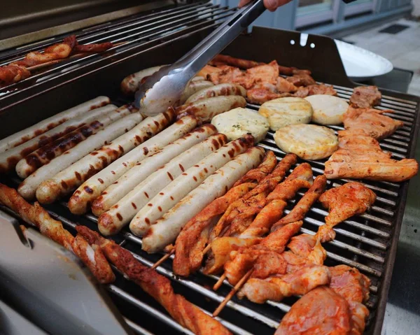 Closeup Cooking Different Kinds Grilled Meat Products — Stock Photo, Image