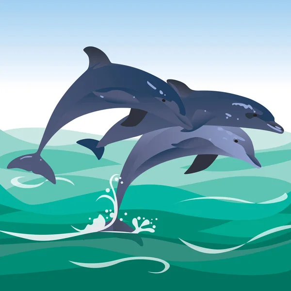 Три счастливых прыгающих дельфина прыгают в зеленый океан — стоковый вектор