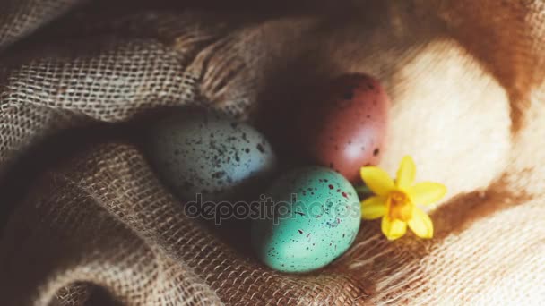 Easter eggs sackcloth background — Stock Video