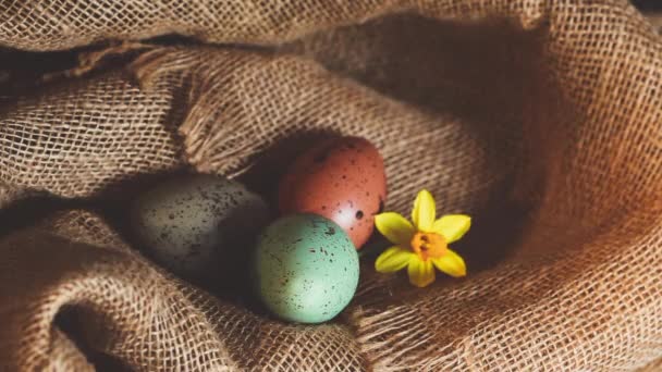 Easter eggs sackcloth background — Stock Video