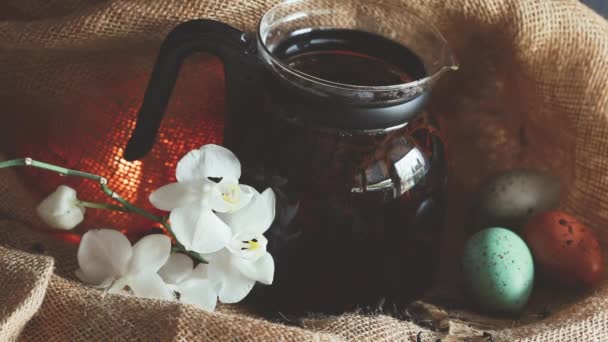 Tea and  sackcloth background — Stock Video