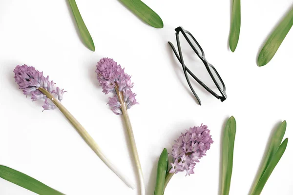 Lilac Hyacinth Flowers Eyeglasses White Background Flat Lay Top View — Stock Photo, Image