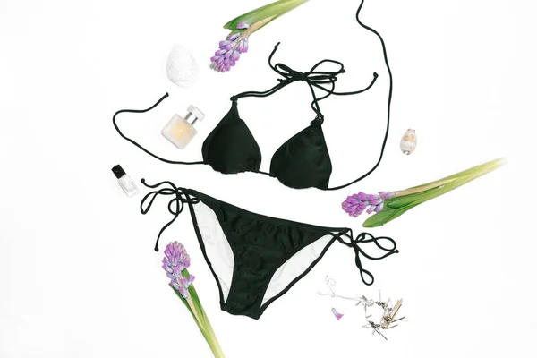 Swimsuit Feminine Accessories Lilac Flowers White Background Flat Lay Top — Stock Photo, Image