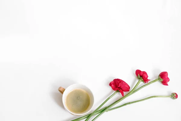 Spring Composition Red Flowers Cup Coffee Isolated White Background Copy — Stock Photo, Image