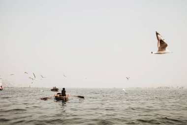 Nehir Ganj sis, bir tekne ve uçan kuşlar