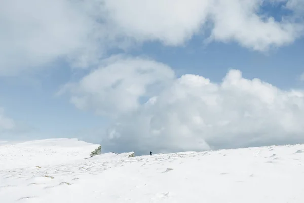 Silhueta Homem Solitário Alta Montanha Coberta Neve Pico Sob Céu Imagens De Bancos De Imagens