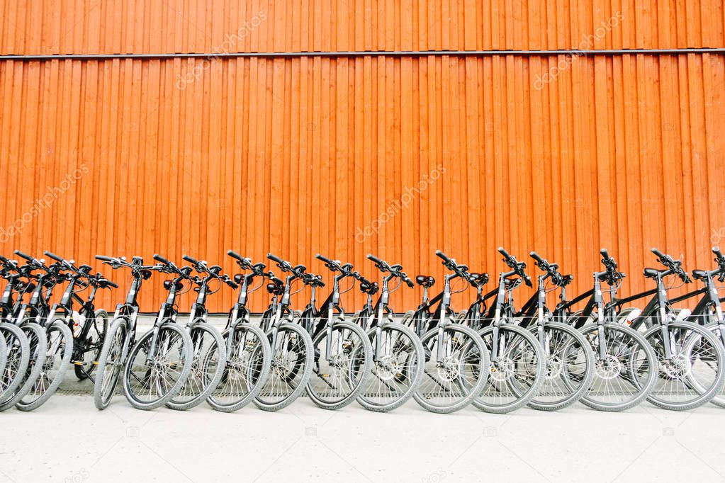 Rental bikes parked in row at orange background wall