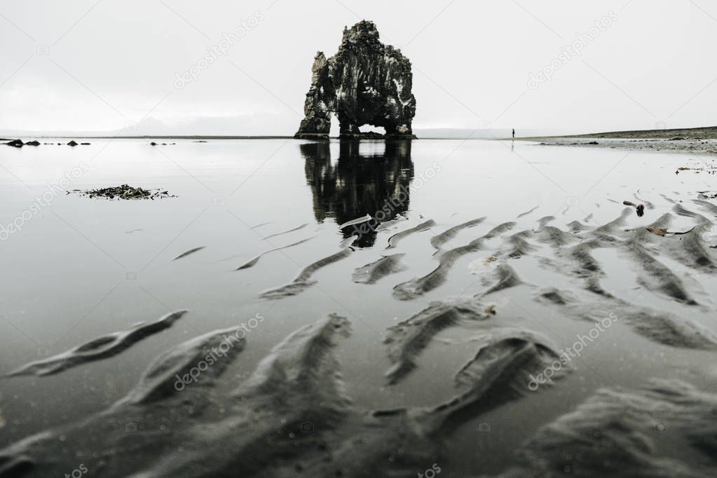 Northwest Iceland. Hvitserkur - basalt rock in the form of a huge mammoth. The concept of extreme northern tourism