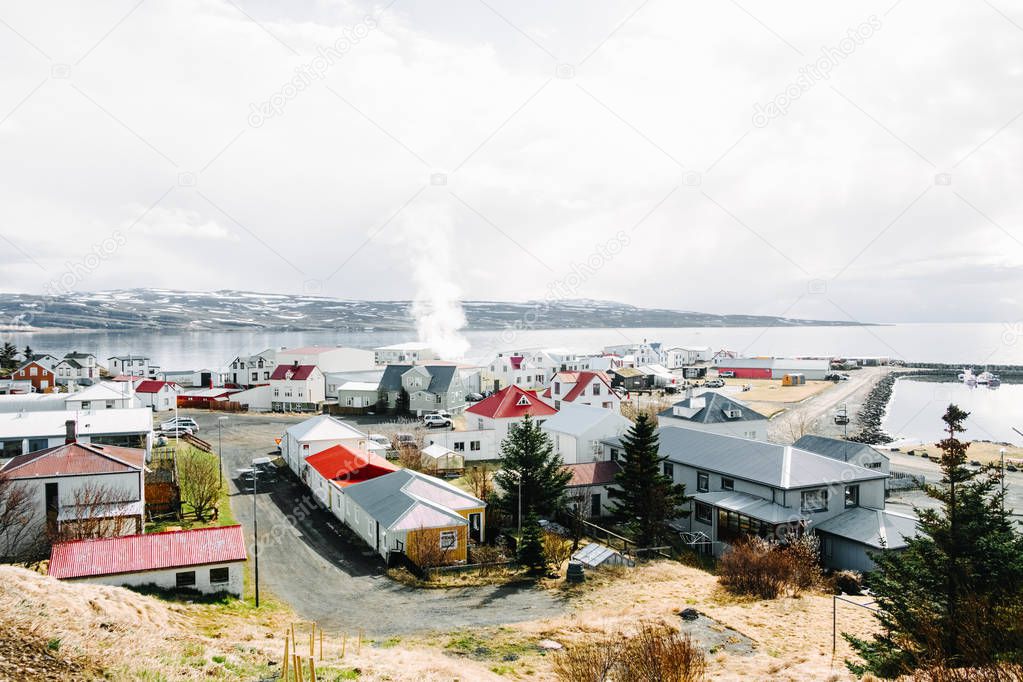 Scenic view of a small fishing village Holmavik in Iceland.