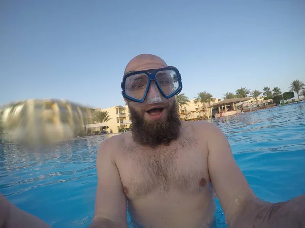 Man with a beard. Bearded man swimming in the pool.