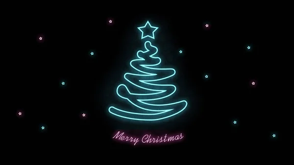 Merry Christmas Blue Pink Tree Black Background Abstract Neon Wallpaper — Stockfoto