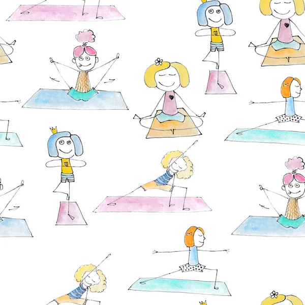 Seamless set Funny watercolor drawing of a happy girls in the yoga positions.