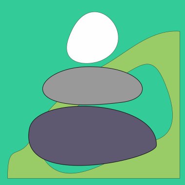 Soyut dijital Zen dengesi sanatı. Yeşil arkaplanda taş yığını