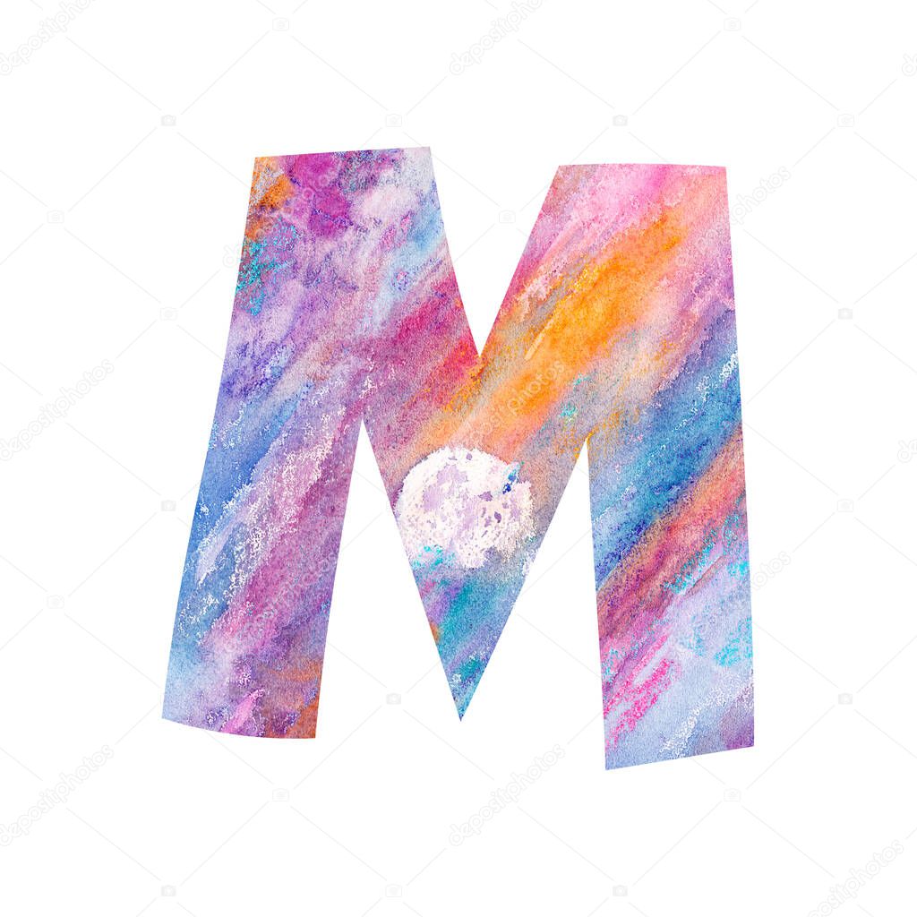 Letter M on white background with moon drawing by pastel. This is a work from the artist's alphabet series. I propose to your attention a watercolor and pastel paintings are inscribed into the space of letters.