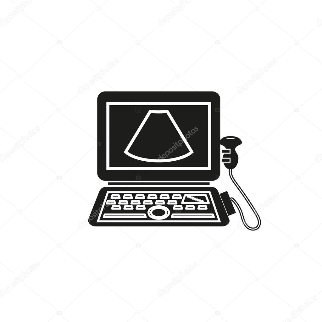 Portable laptop ultrasound machine in black simple silhouette style icons vecor illustration for design and web isolated on white. Medical diagnostic device. Logo. Sonography.