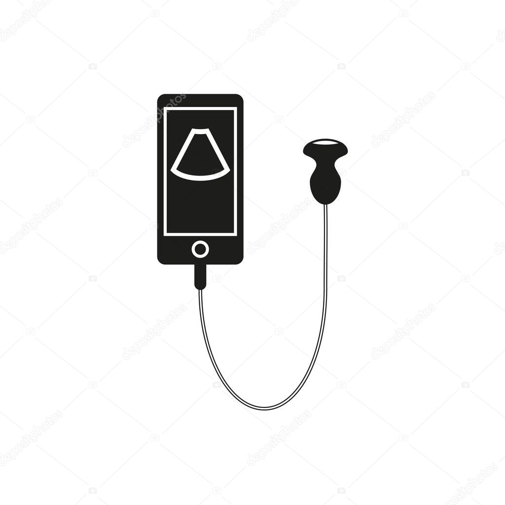 Portable handheld ultrasound machine in black simple silhouette style icons vecor illustration for design and web isolated on white. Medical diagnostic device. Logo. Sonography.