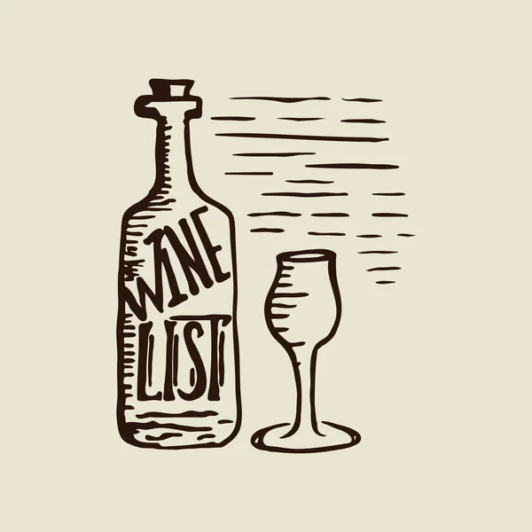 Ručně tažené skleničku, láhev vína a nápis vinný lístek Stock Ilustrace