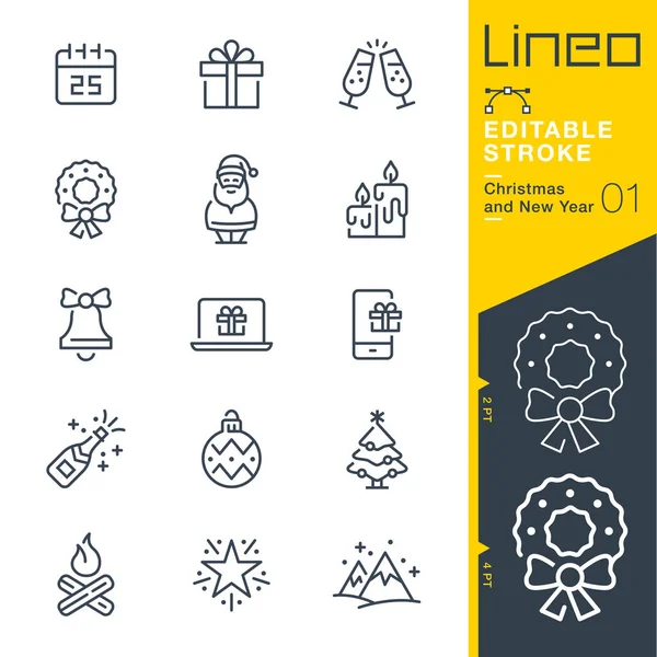 Lineo Editable Stroke Natale Capodanno Icone Della Linea — Vettoriale Stock