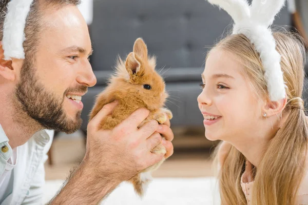 Pai e filha brincando com coelho — Fotografia de Stock