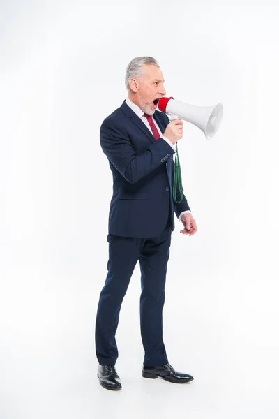 Businessman shouting in loudspeaker — Stock Photo, Image